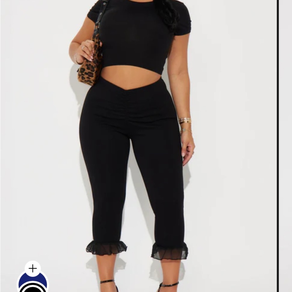 Black Ruffle Hem Jumpsuit- Charlotte Ruffle Capri Legging - Black medium stretch